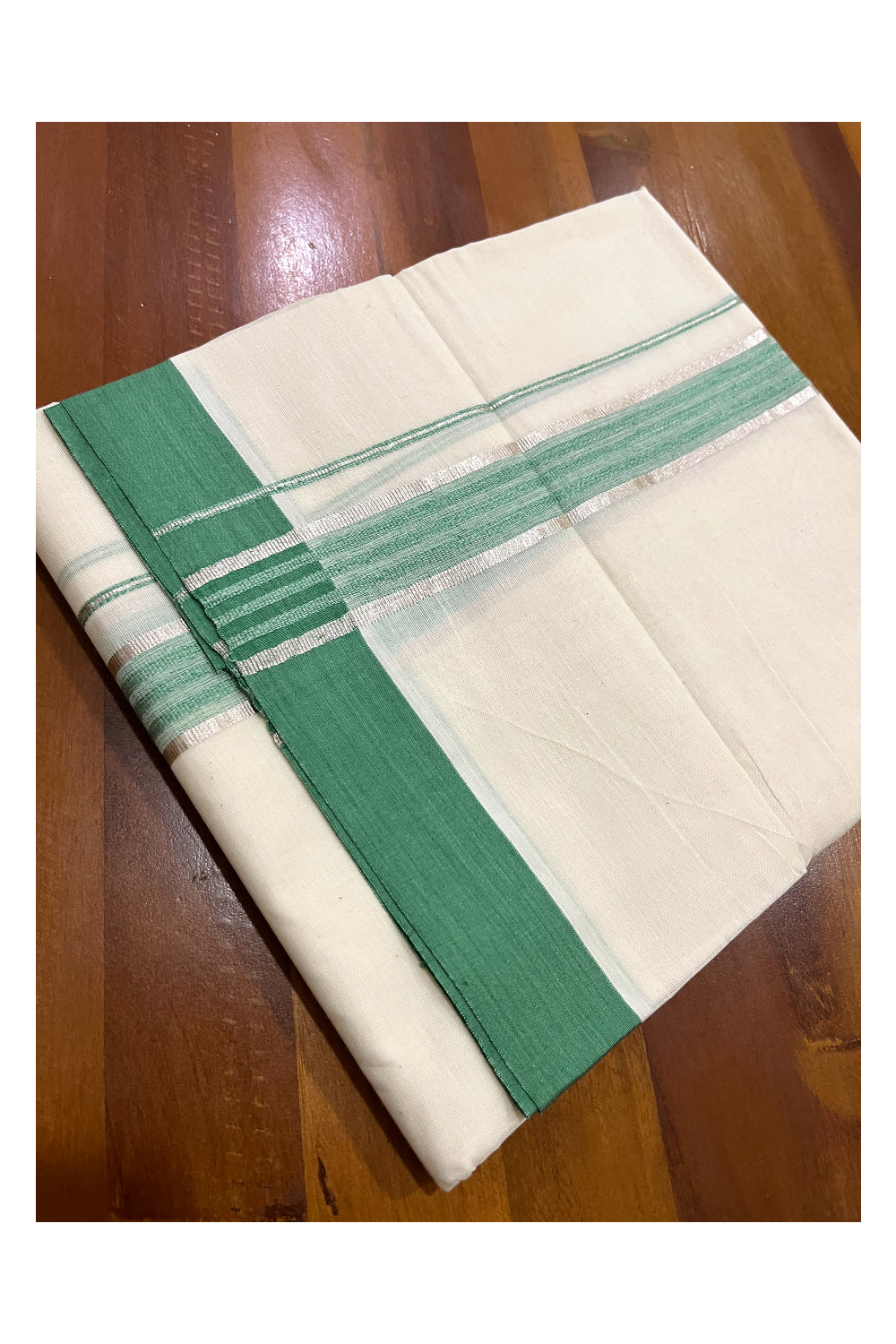 Pure Cotton Off White Double Mundu with Silver Kasavu and Green Border (South Indian Dhoti)