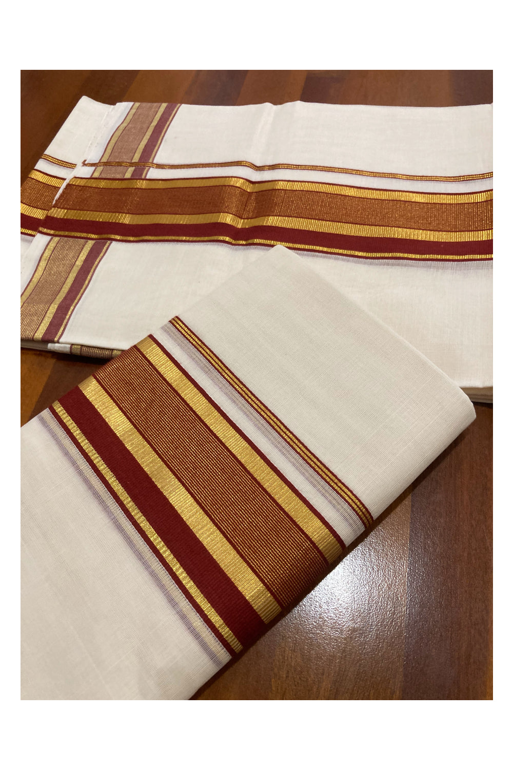 Southloom Premium Handloom Set Mundu with Kasavu and Maroon Line Border 2.80 Mtrs