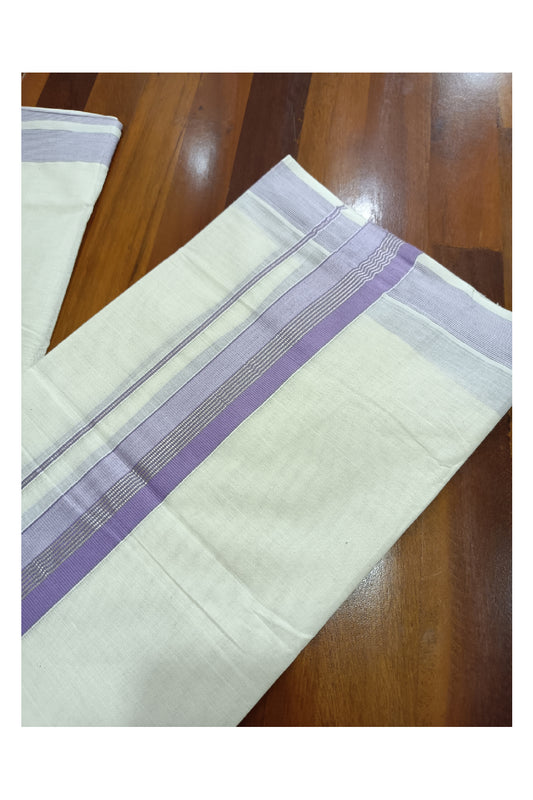 Off White Kerala Double Mundu with Silver Kasavu and Violet Kara (South Indian Dhoti)