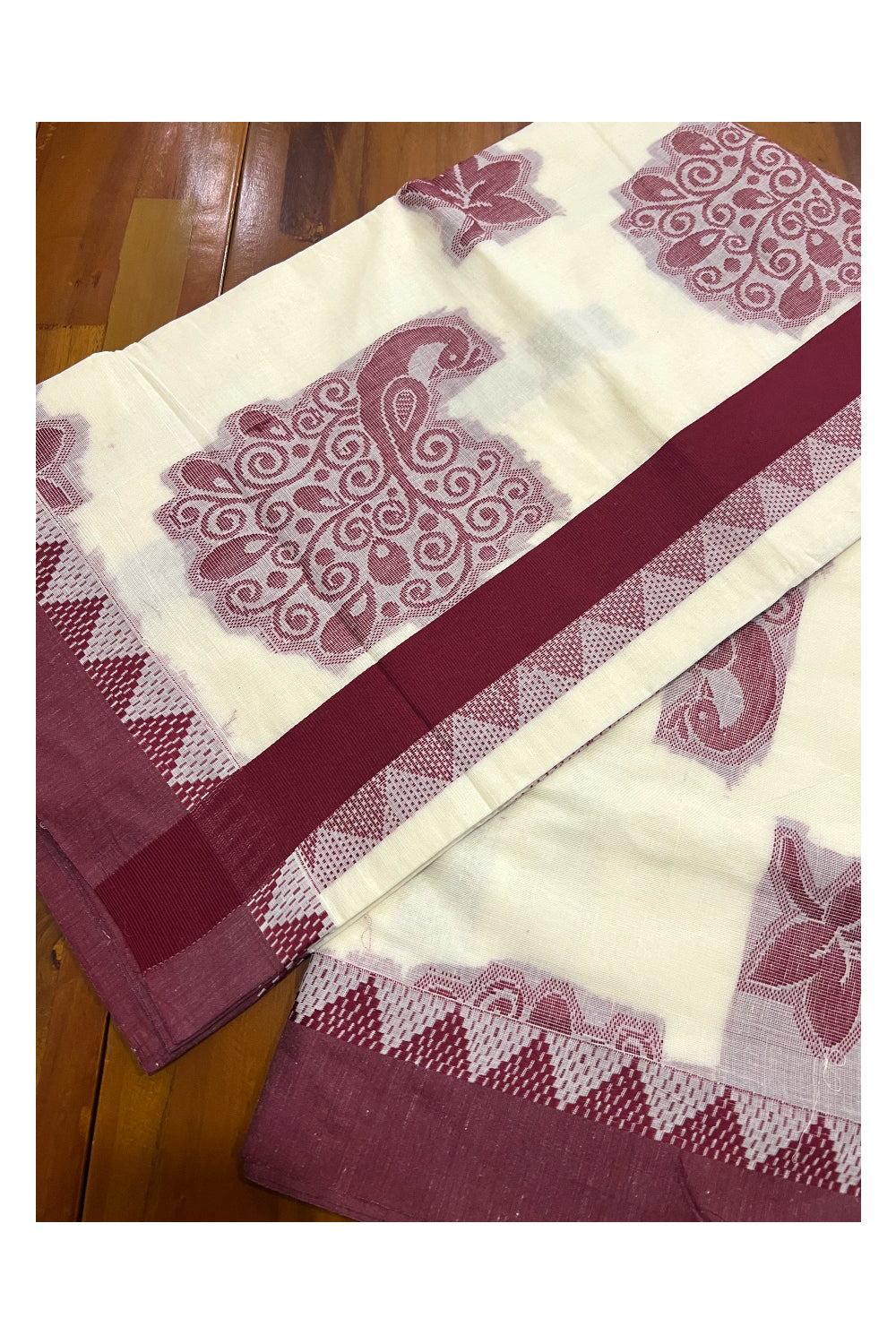 Kerala Saree with Maroon Peacock Embroidery Design and Temple Border