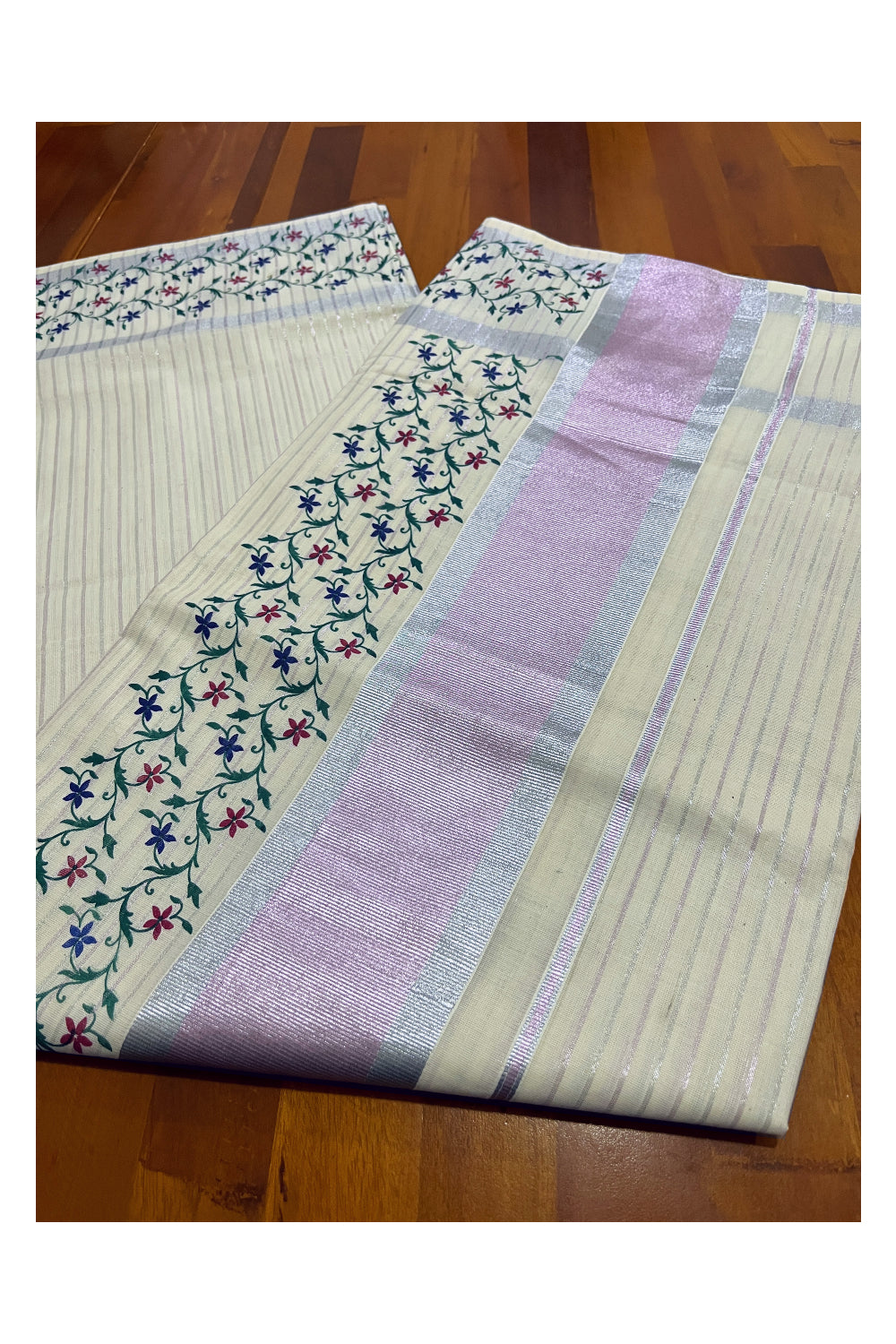 Pure Cotton Kerala Saree with Silver and Pink Kasavu Lines Across Body and Block Prints (Vishu Saree 2023)