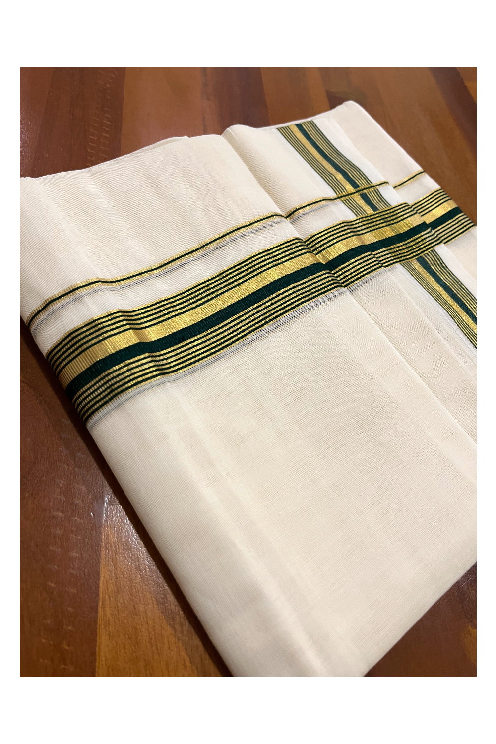 Southloom Premium Handloom Pure Cotton Mundu with Green and Kasavu Border (South Indian Dhoti)