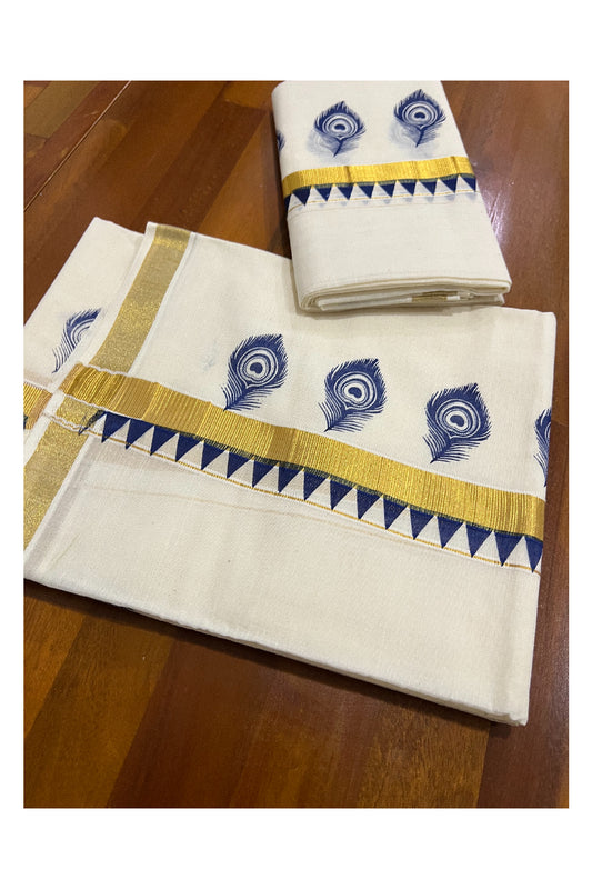 Cotton Kasavu Set Mundu (Mundum Neriyathum) with Dark Blue Block Feather Temple Prints on Border