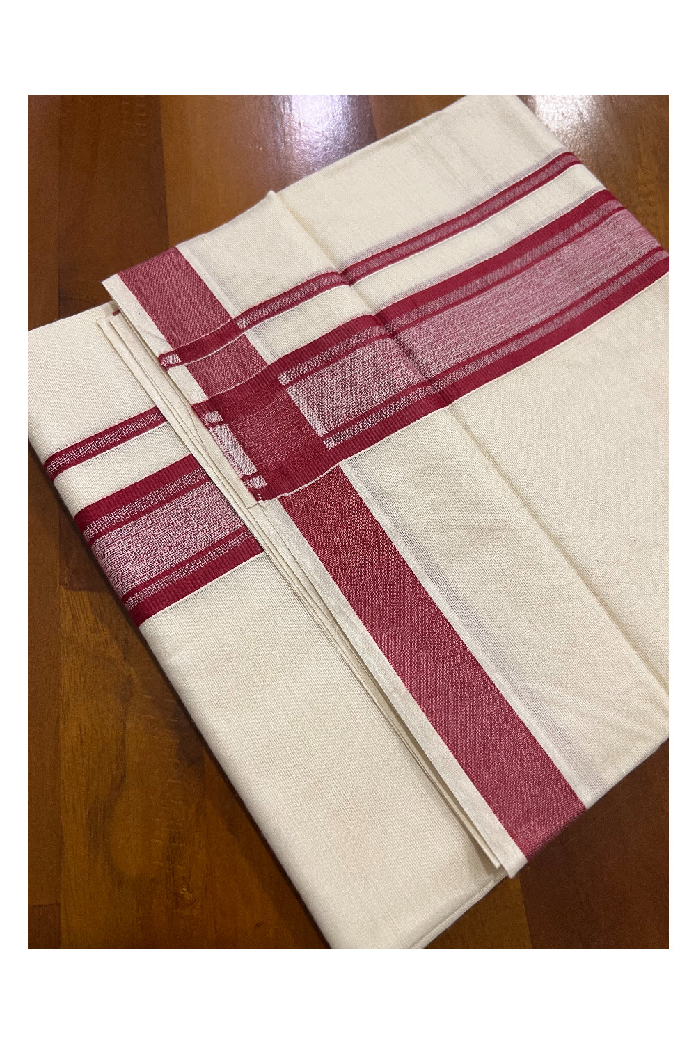 Off White Kerala Double Mundu with Dark Red Kara (South Indian Dhoti)