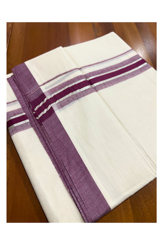 Off White Kerala Double Mundu with Silver Kasavu and Purple Border (South Indian Dhoti)