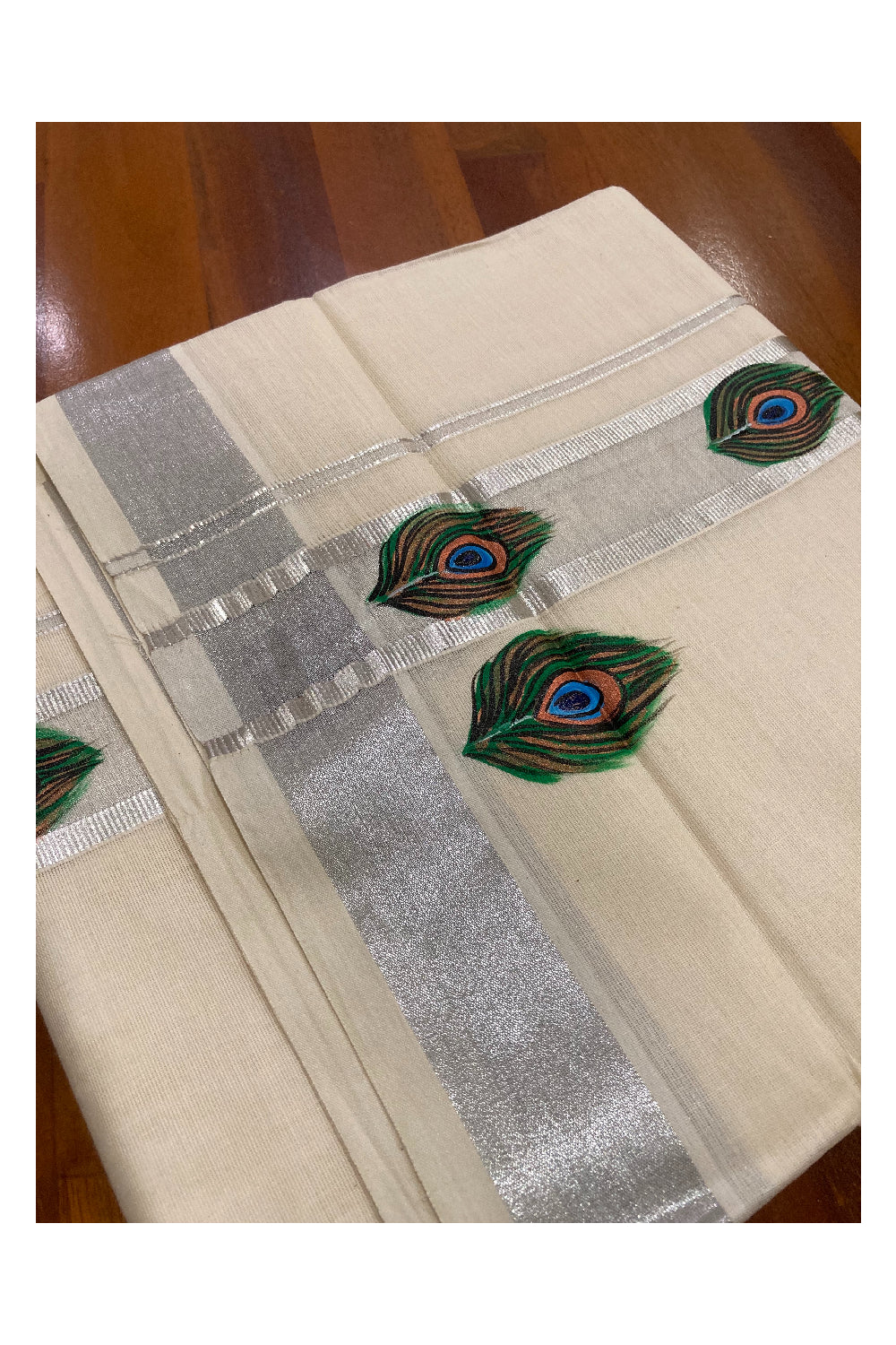 Pure Cotton Silver Kasavu Mundu with Mural Hand Painted Feather Design (South Indian Dhoti)