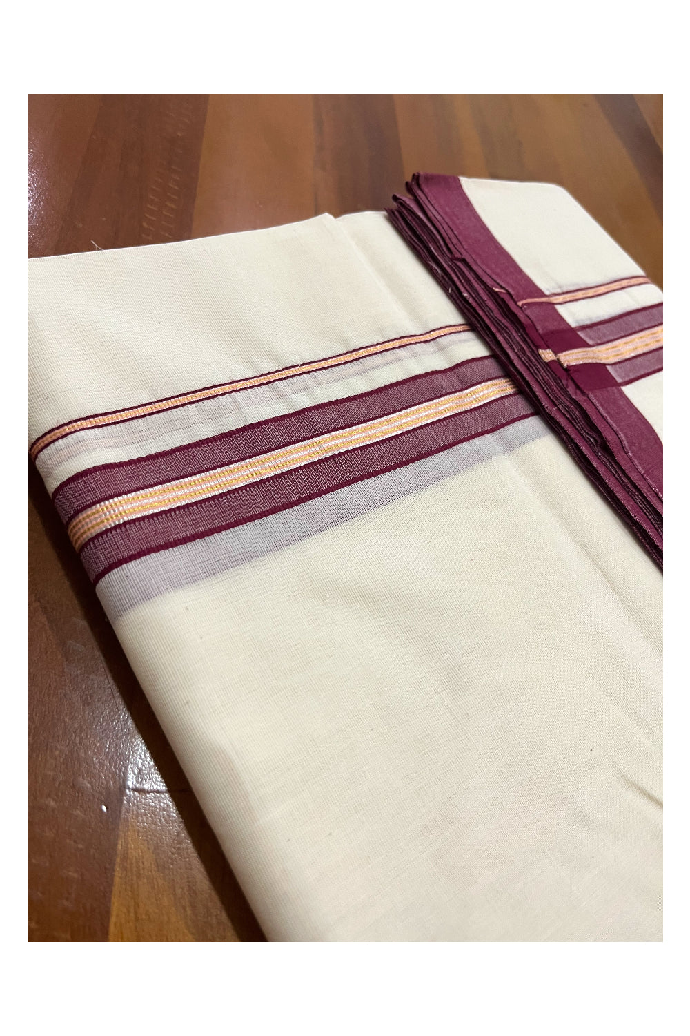 Southloom Premium Handloom Double Mundu with Maroon and Silver Kasavu Border