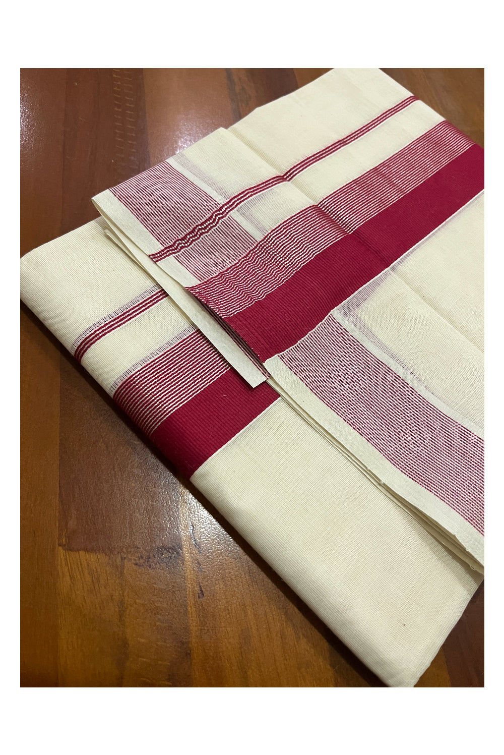 Pure Cotton Off White Double Mundu with Red and Silver Line Kara (South Indian Kerala Dhoti)