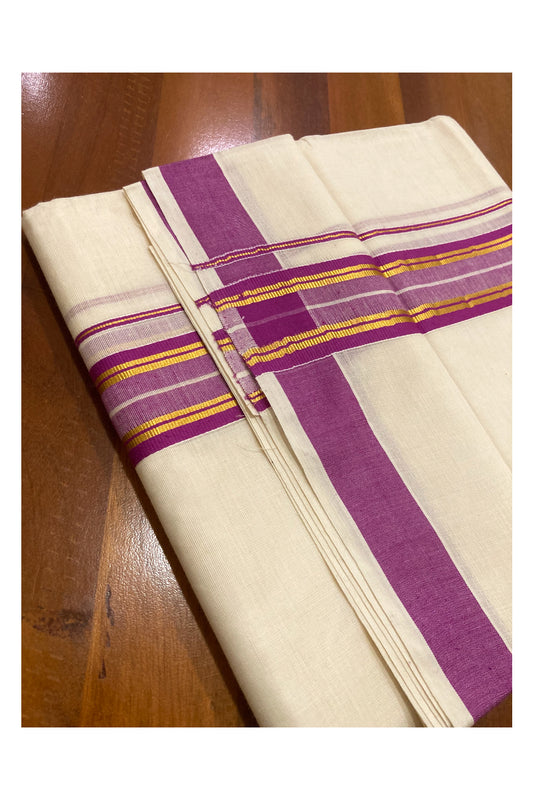 Pure Cotton Off White Double Mundu with Magenta and Kasavu Border (South Indian Kerala Dhoti)