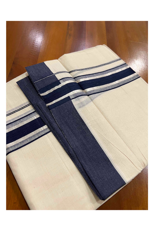 Off White Kerala Double Mundu with Silver Kasavu and Navy Blue Border (South Indian Dhoti)