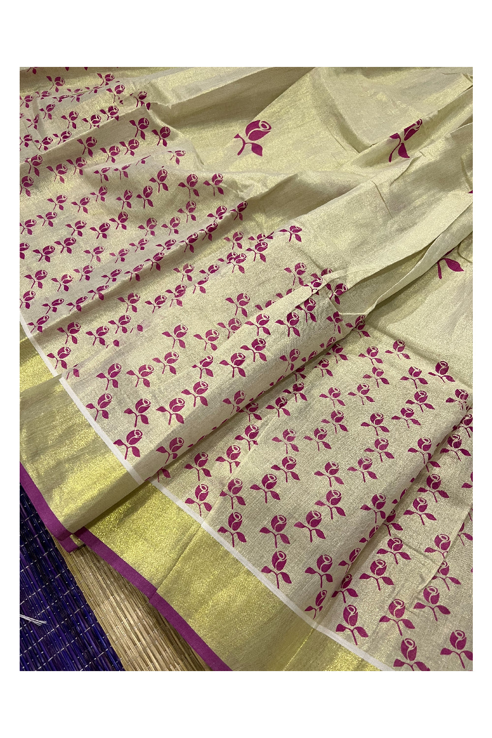 Kerala Tissue Semi Stitched Dhavani Set with Magenta Blouse Piece and Neriyathu with Mural Works