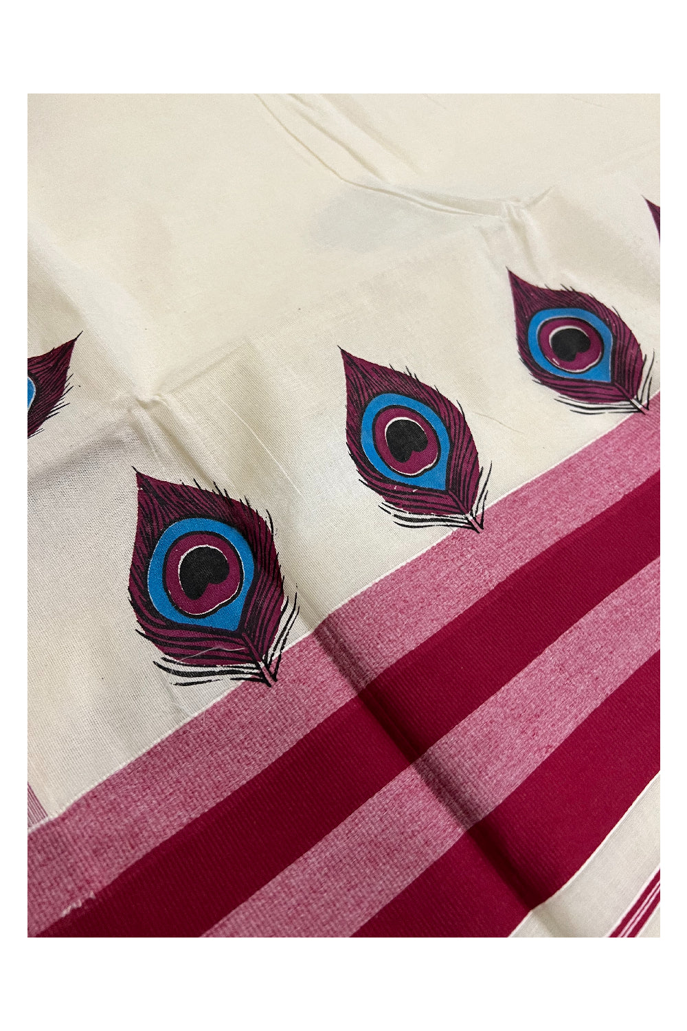 Kerala Cotton Saree with Peacock Feather Mural Printed and Maroon Border