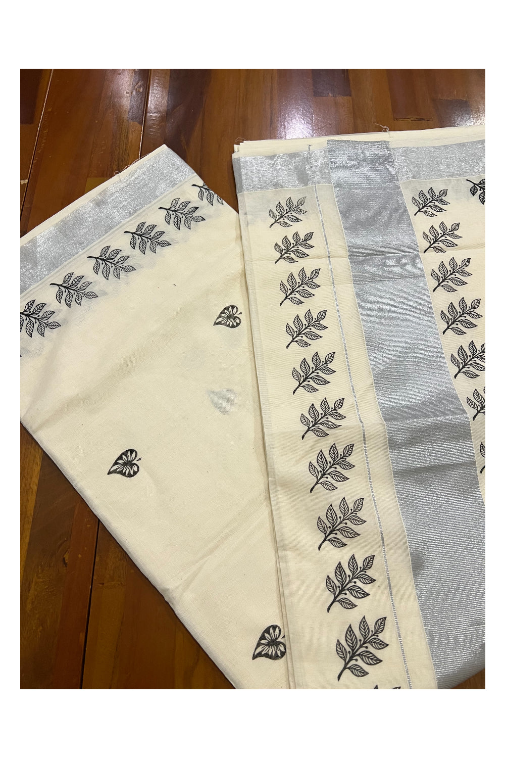 Pure Cotton Kerala Silver Kasavu Saree with Black Leaf Block Printed Design