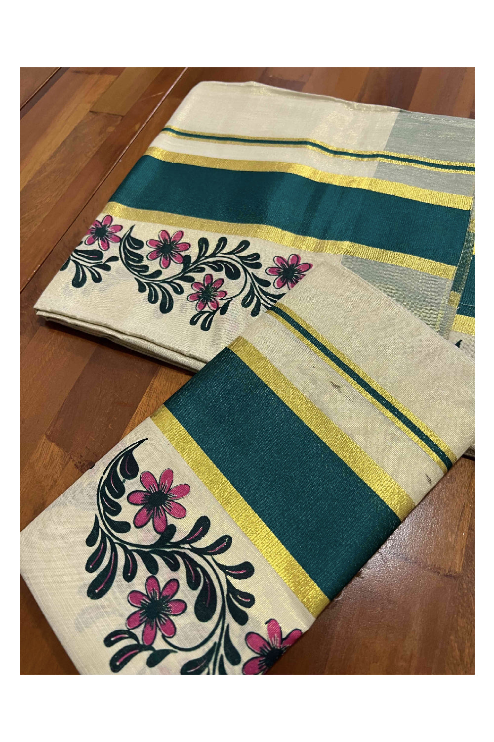 Kerala Tissue Kasavu Set Mundu (Mundum Neriyathum) with Green Block Printed Pallu