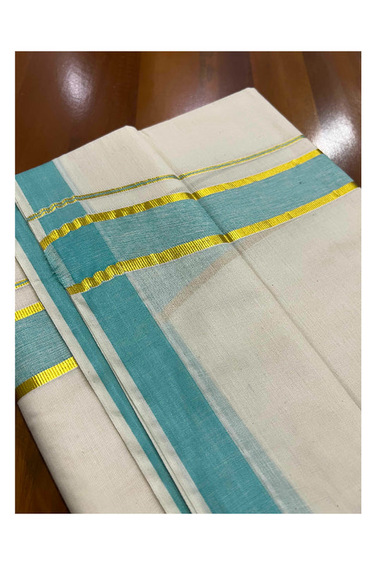 Off White Kerala Double Mundu with Kasavu and Turquoise Border (South Indian Dhoti)