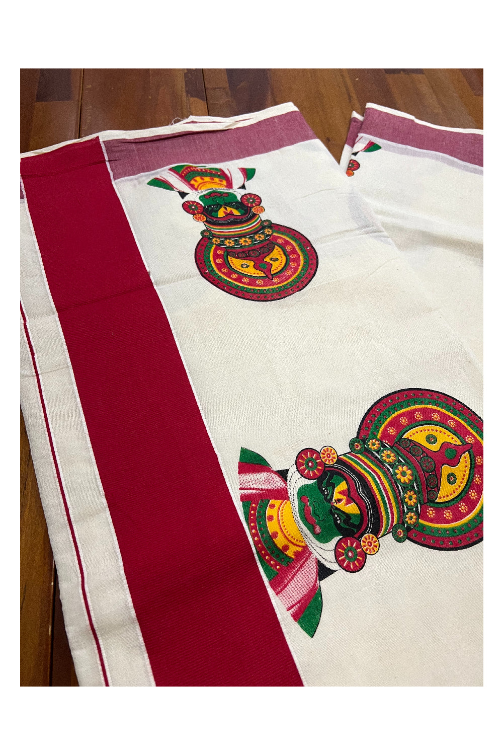 Kerala Pure Cotton Saree with Mural Printed Kathakali Face Design and Dark Red Border