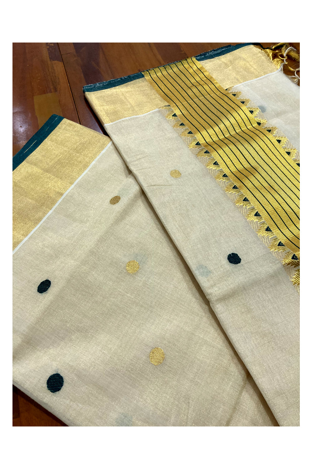 Southloom™ Premium Handloom Tissue Kasavu Saree with Golden and Green Small Polka Work