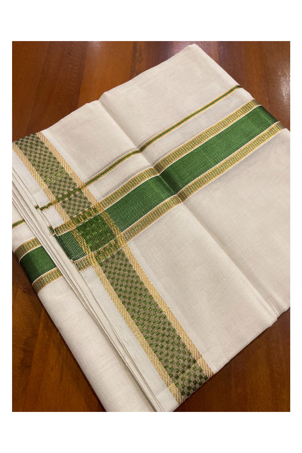 Southloom Premium Handloom Pure Cotton Mundu with Golden and Green Kasavu Design Border (South Indian Dhoti)