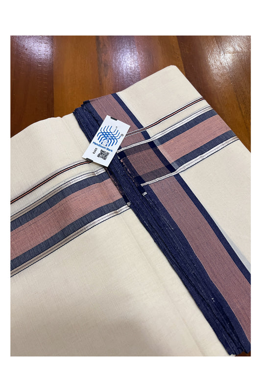 Southloom Premium Unakkupaavu Handloom Mundu with Silver Kasavu and Peach Blue Border (South Indian Kerala Dhoti)