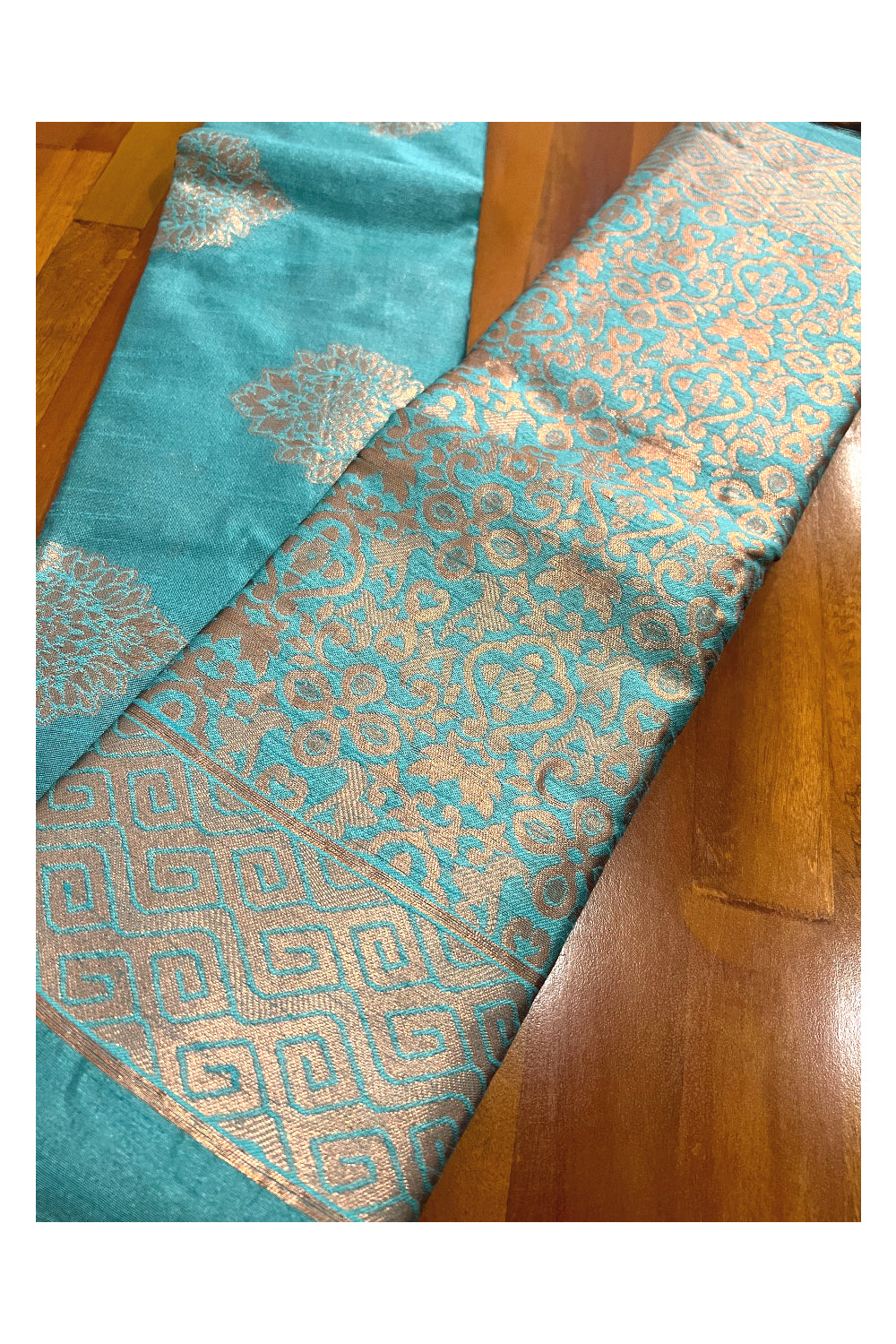 Southloom Turquoise Semi Silk Designer Saree with Copper Kasavu Woven Works on Body