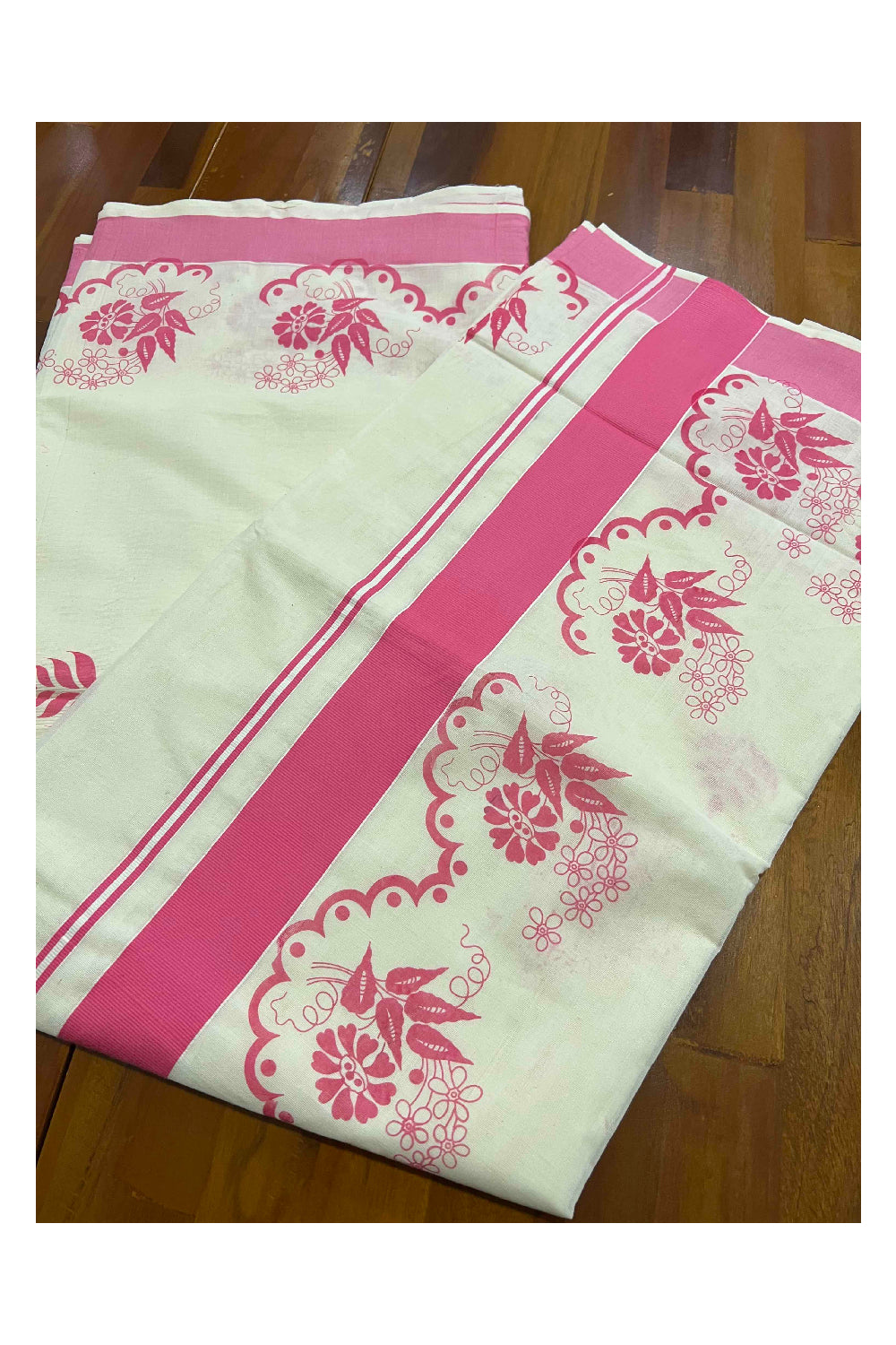 Pure Cotton Kerala Saree with Pink Floral Block Printed Border