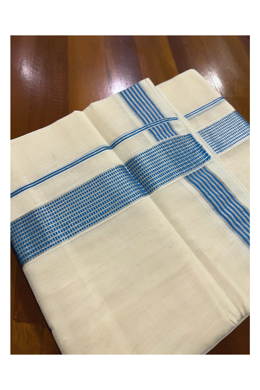 Southloom Kuthampully Handloom Pure Cotton Mundu with Silver Kasavu and Blue Border (South Indian Dhoti)
