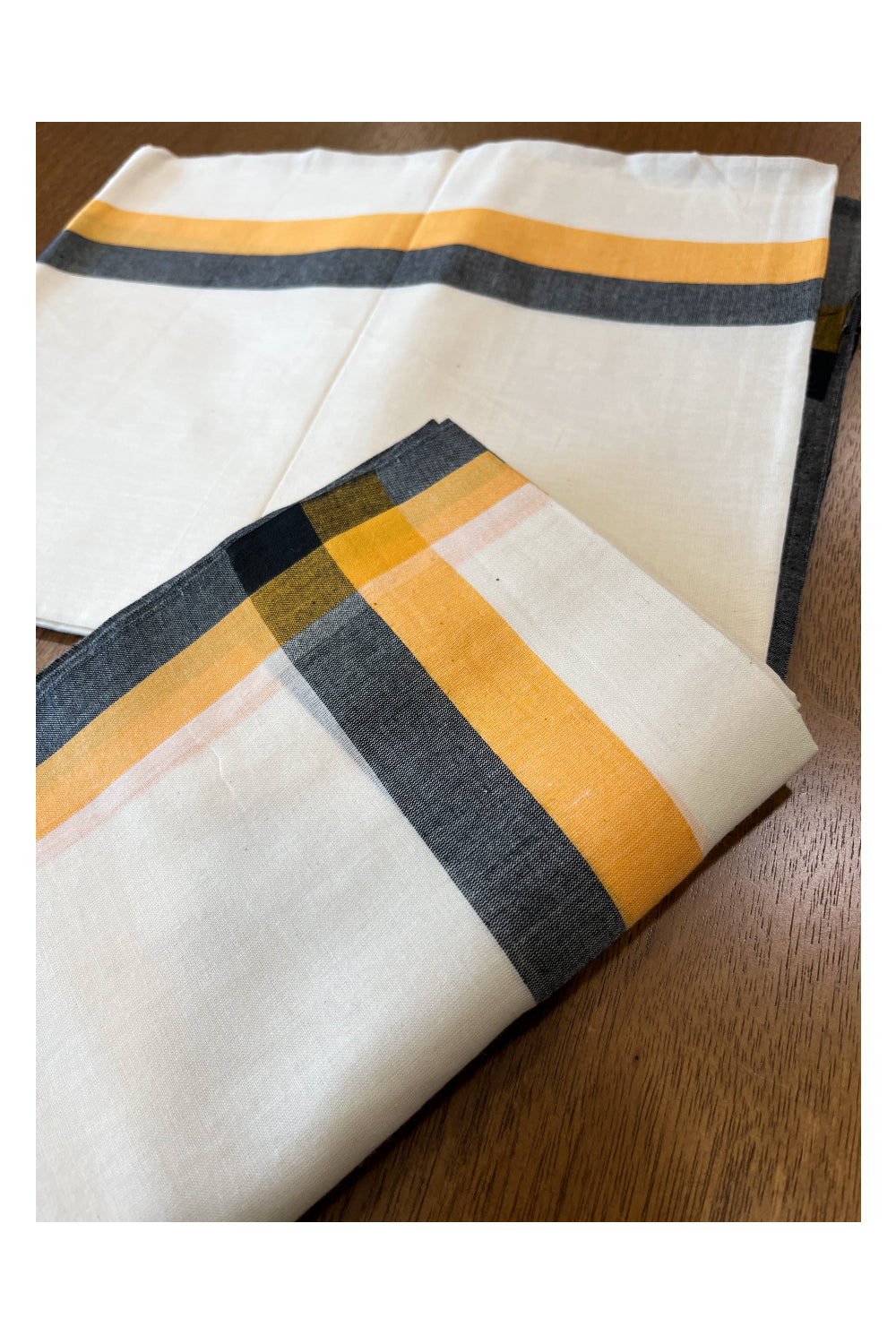 Kerala Cotton Mulloth Mundum Neriyathum Single (Set Mundu) with Orange and Black Border (Extra Soft Cotton) 2.80 Mtrs