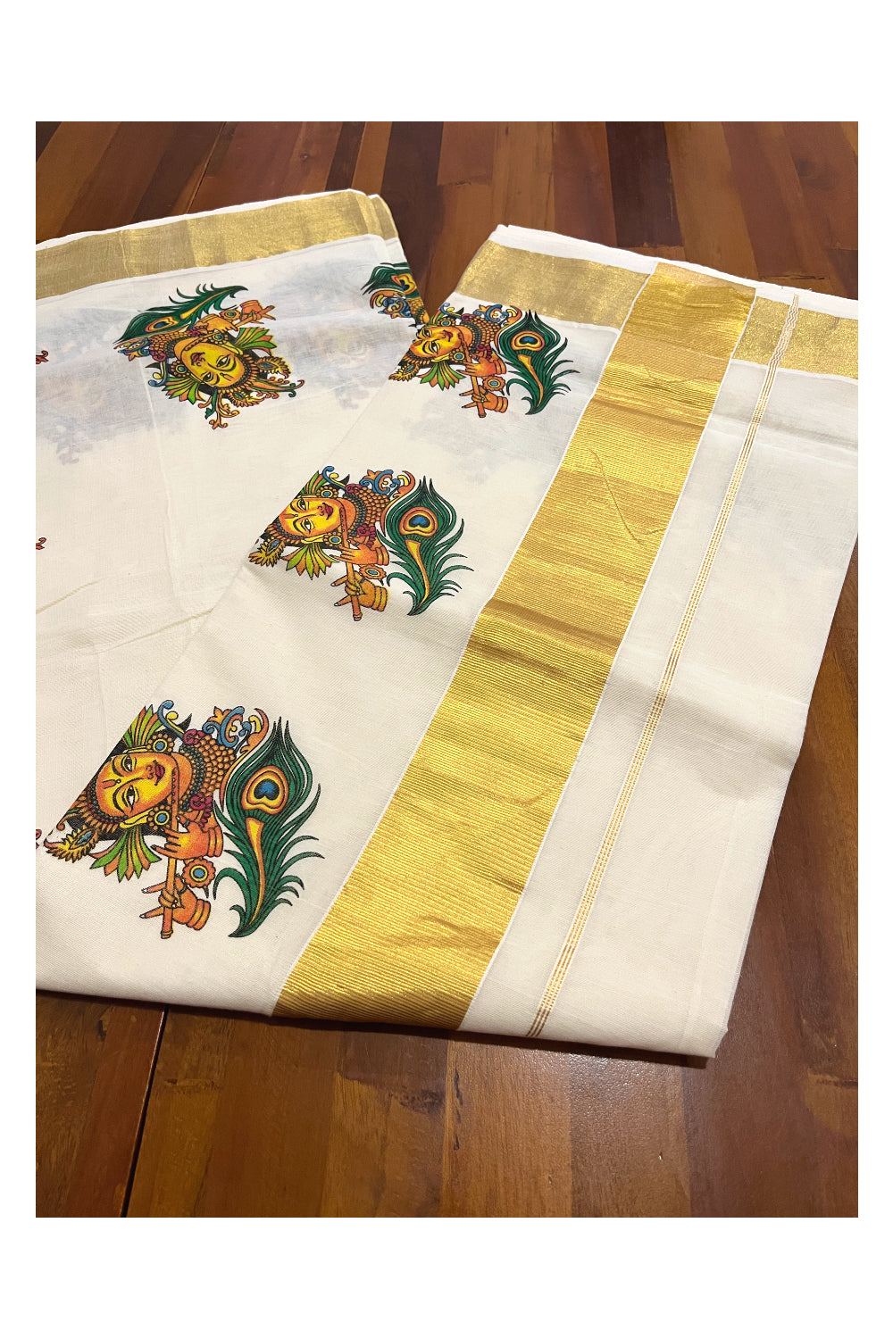 Pure Cotton Kerala Kasavu Saree with Mural Printed Krishna Design