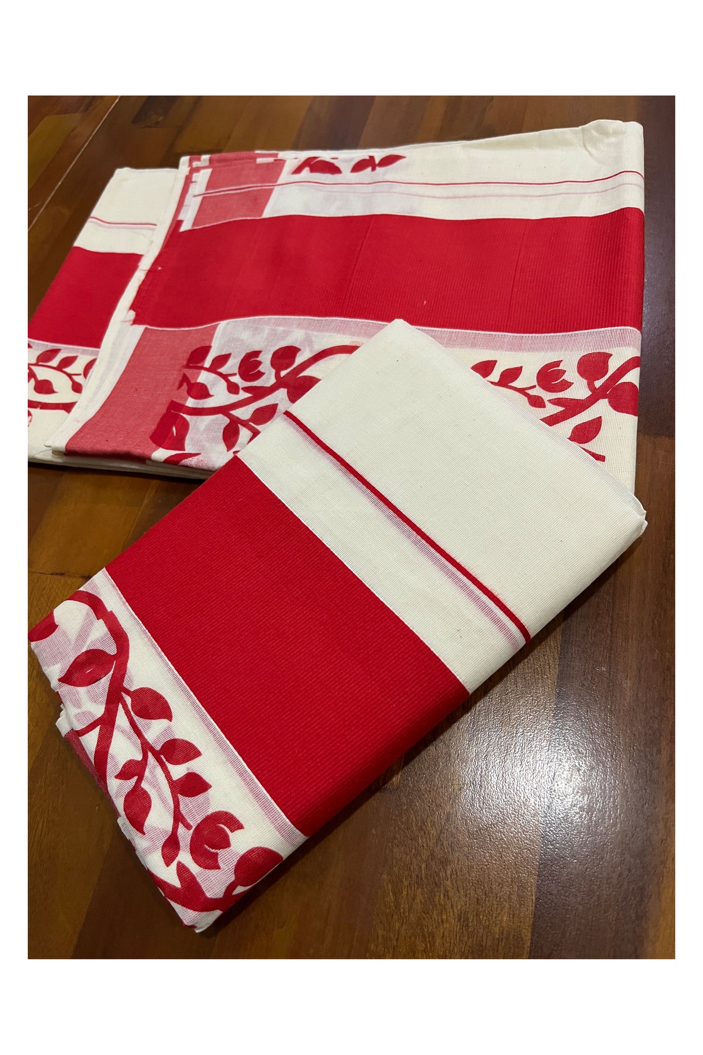 Southloom Original Design Single Set Mundu (Mundum Neriyathum Vishu 2023) with Red Floral Vines Block Prints 2.80 Mtrs