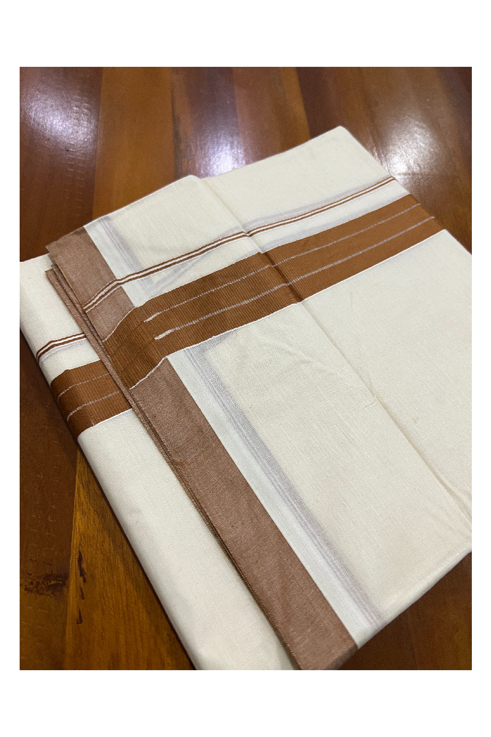 Pure Cotton Off White Double Mundu with Brown Border (South Indian Dhoti)