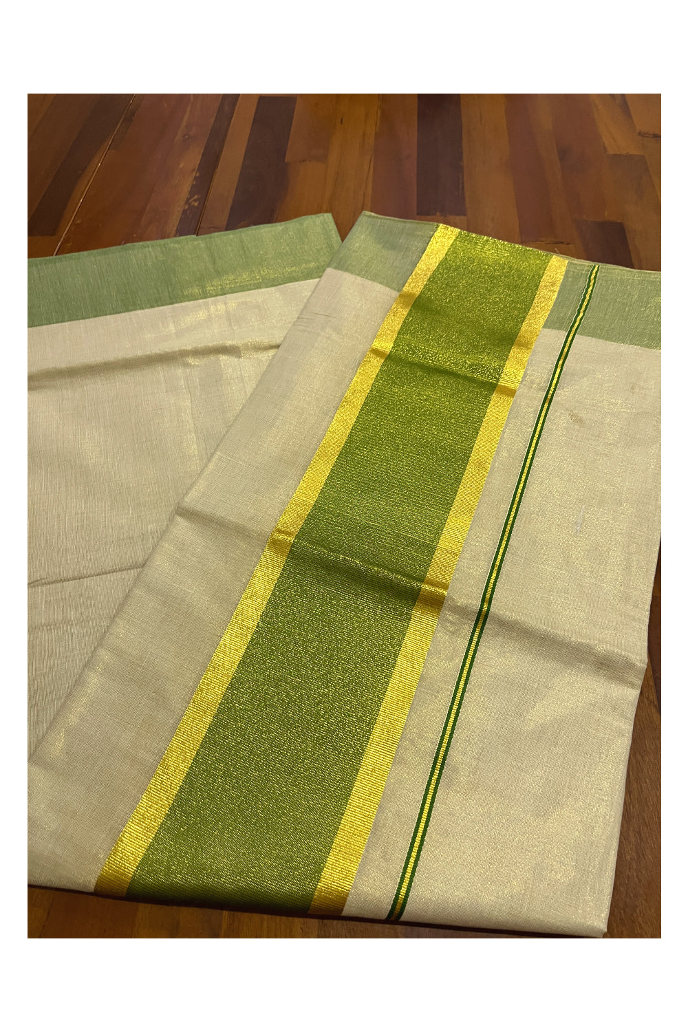 Kerala Tissue Kasavu Plain Saree with Green and Kasavu Border