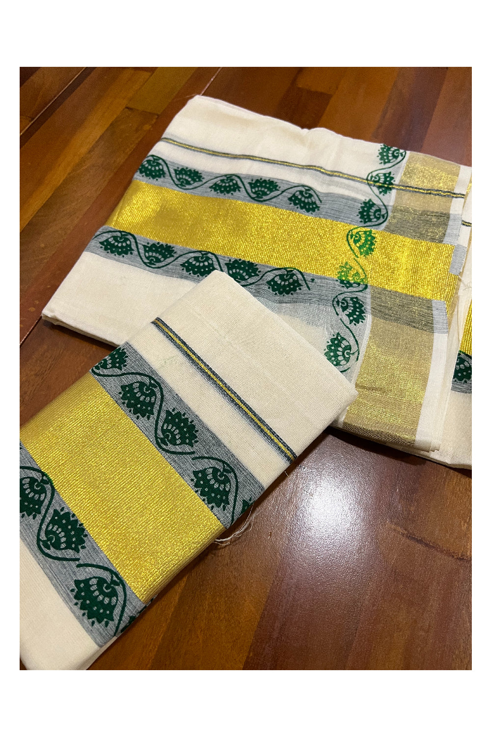 Pure Cotton Kasavu Set Mundu (Mundum Neriyathum) with Green Floral Block Prints on Border