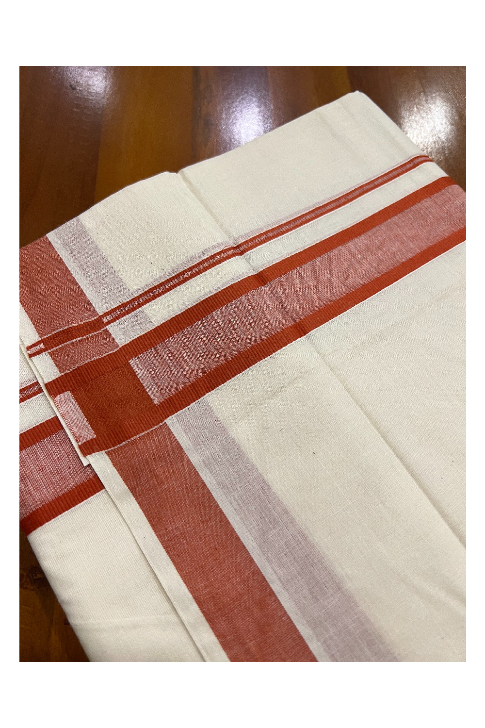 Off White Pure Cotton Double Mundu with Brick Red Border (South Indian Kerala Dhoti)