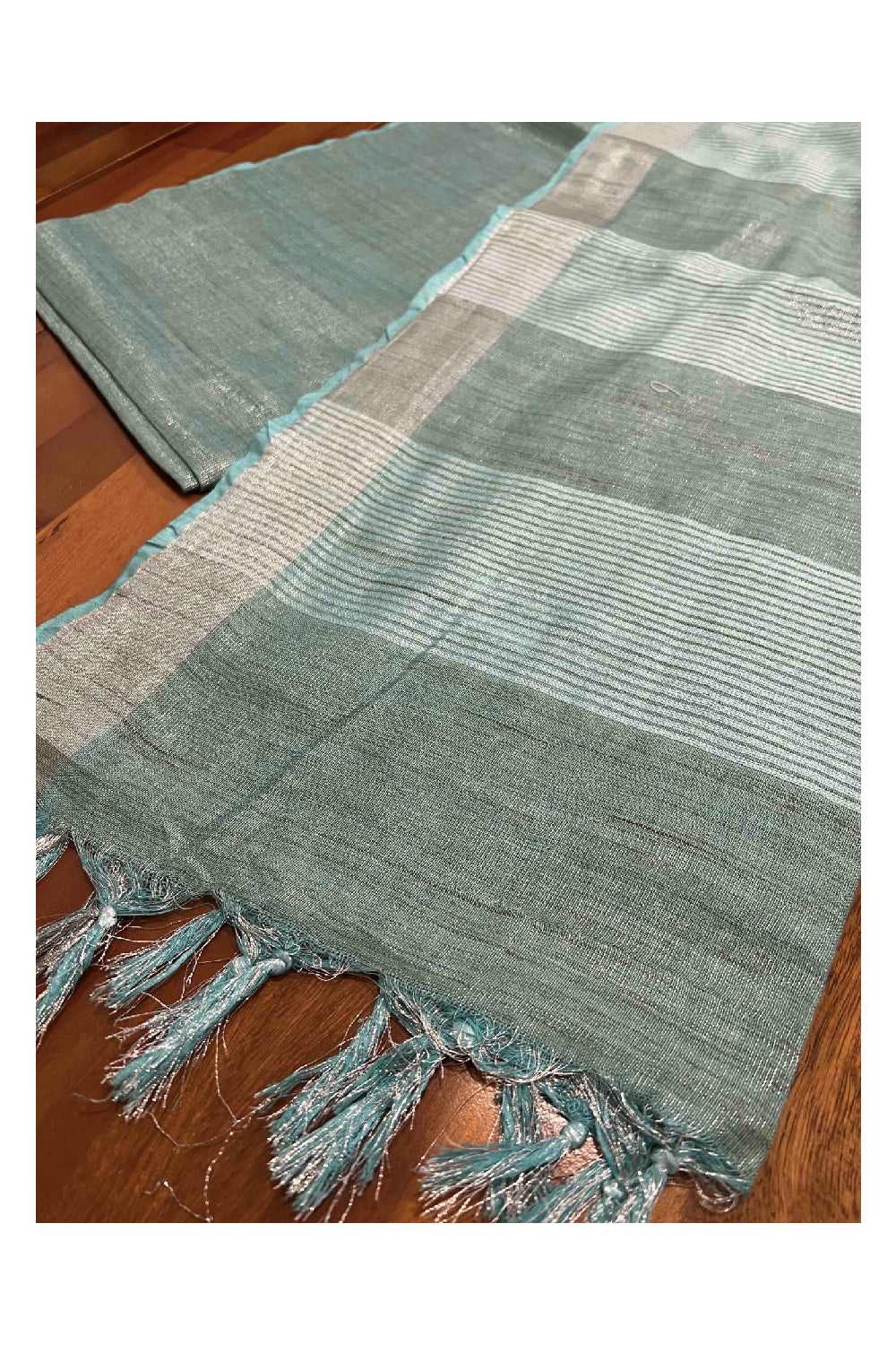 Southloom Turquoise Semi Tussar Light Weight Designer Saree with Tassels on Pallu