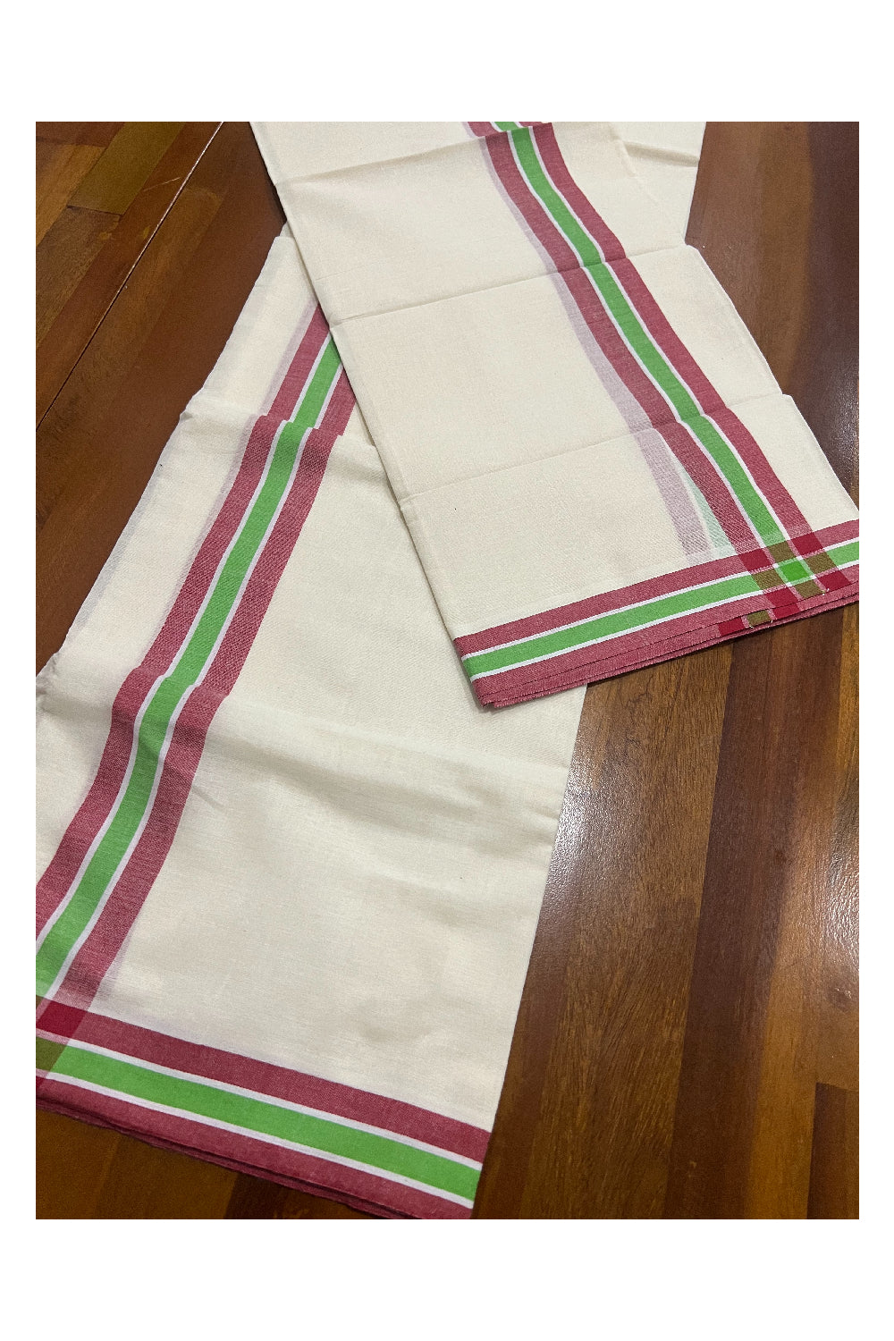 Kerala Cotton Mundum Neriyathum Single (Set Mundu) with Red and Light Green Mulloth Border (Extra Soft Cotton)