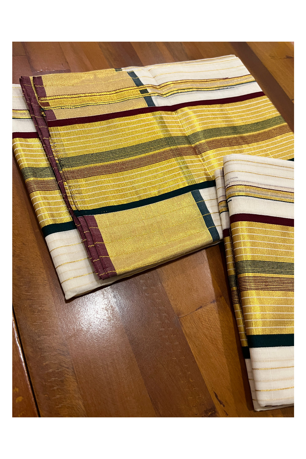 Southloom Premium Handloom Set Mundu with Maroon Green Border and Kasavu Lines Across Body 2.80 Mtrs