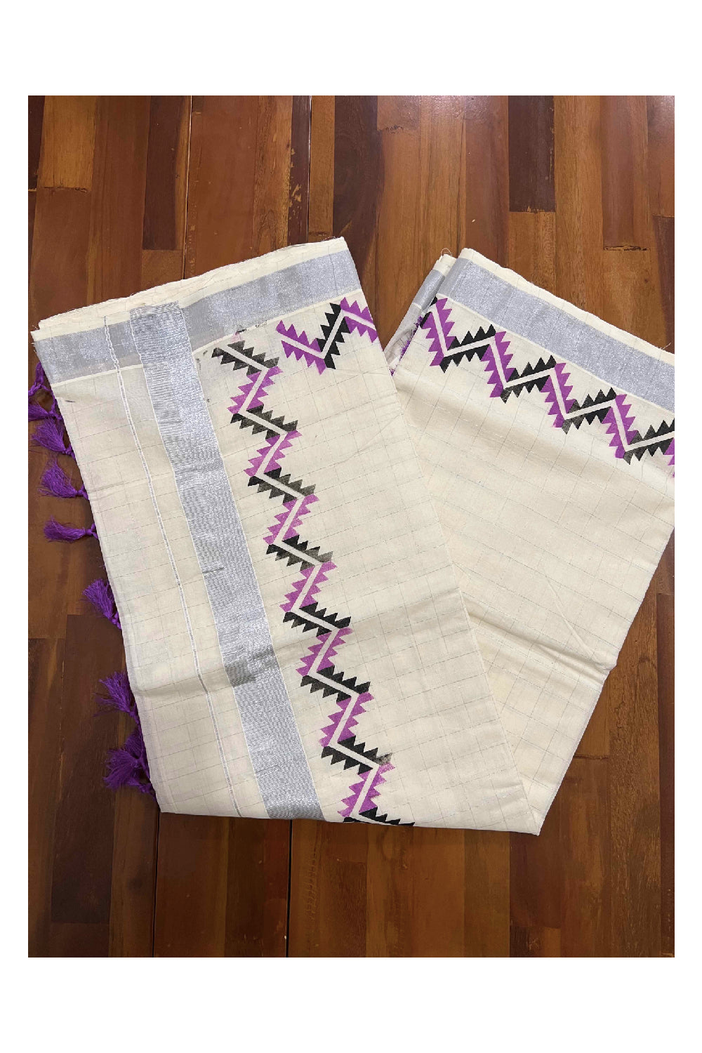 Kerala Silver Kasavu Woven Check Saree with Magenta and Black Block Printed Border