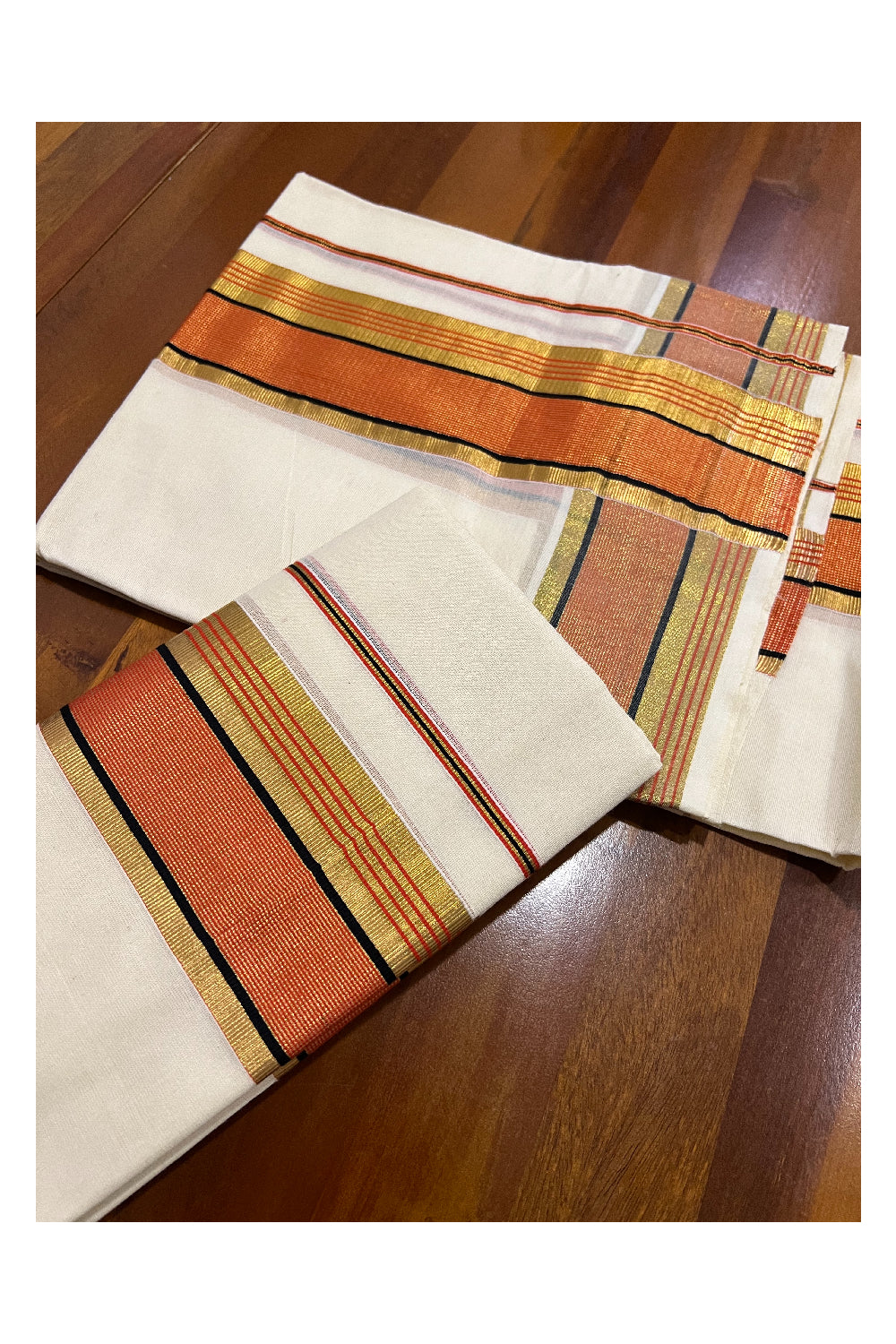 Kerala Cotton Kasavu Set Mundu (Mundum Neriyathum) with Orange and Kasavu Border 2.80 Mtrs