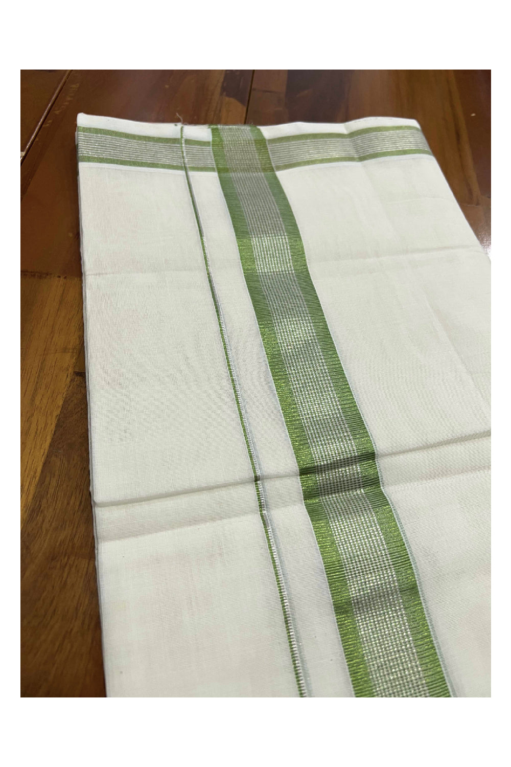 Southloom Kuthampully Pure Cotton Handloom Mundu with Silver and Green Kasavu Lines Border