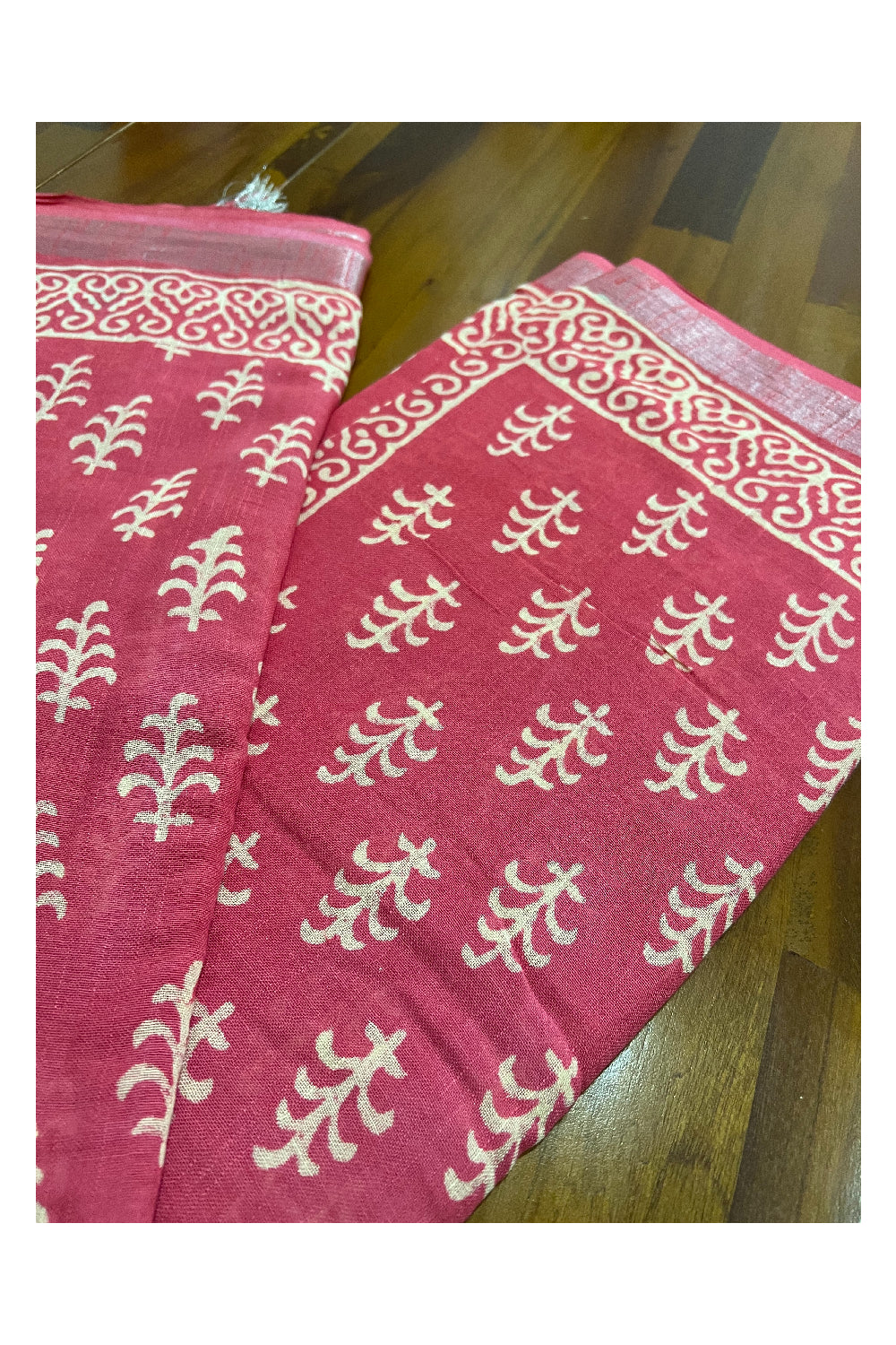 Southloom Linen Pink Designer Saree with White Prints and Tassels on Pallu