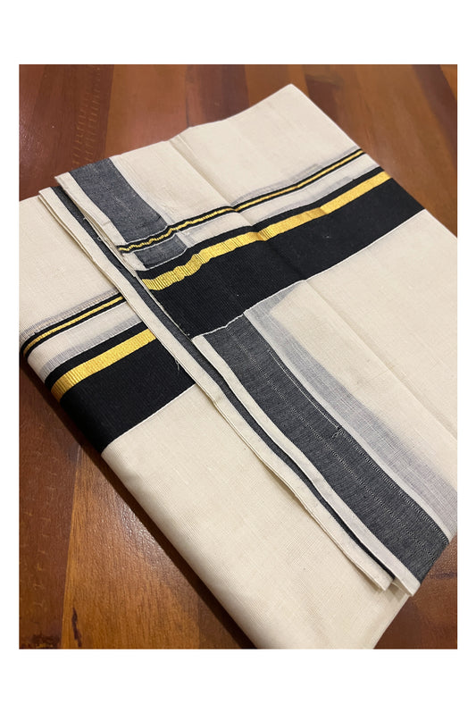 Pure Cotton Double Mundu with Black and Kasavu Kara (South Indian Dhoti)