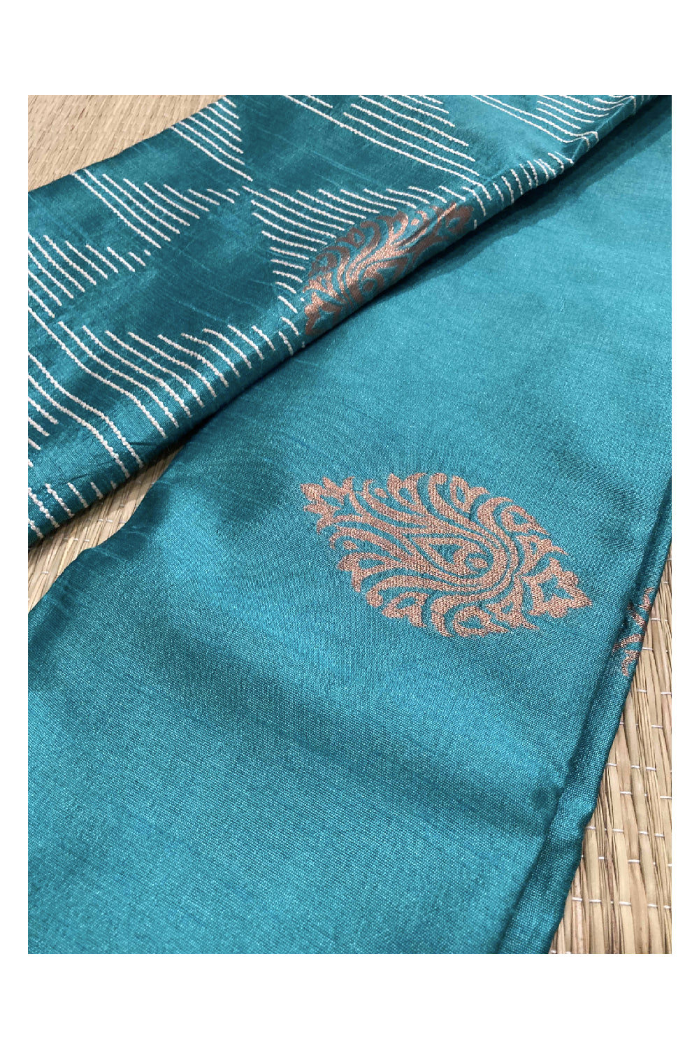 Southloom Turquoise Semi Tussar Thread Work Designer Saree with Tassels