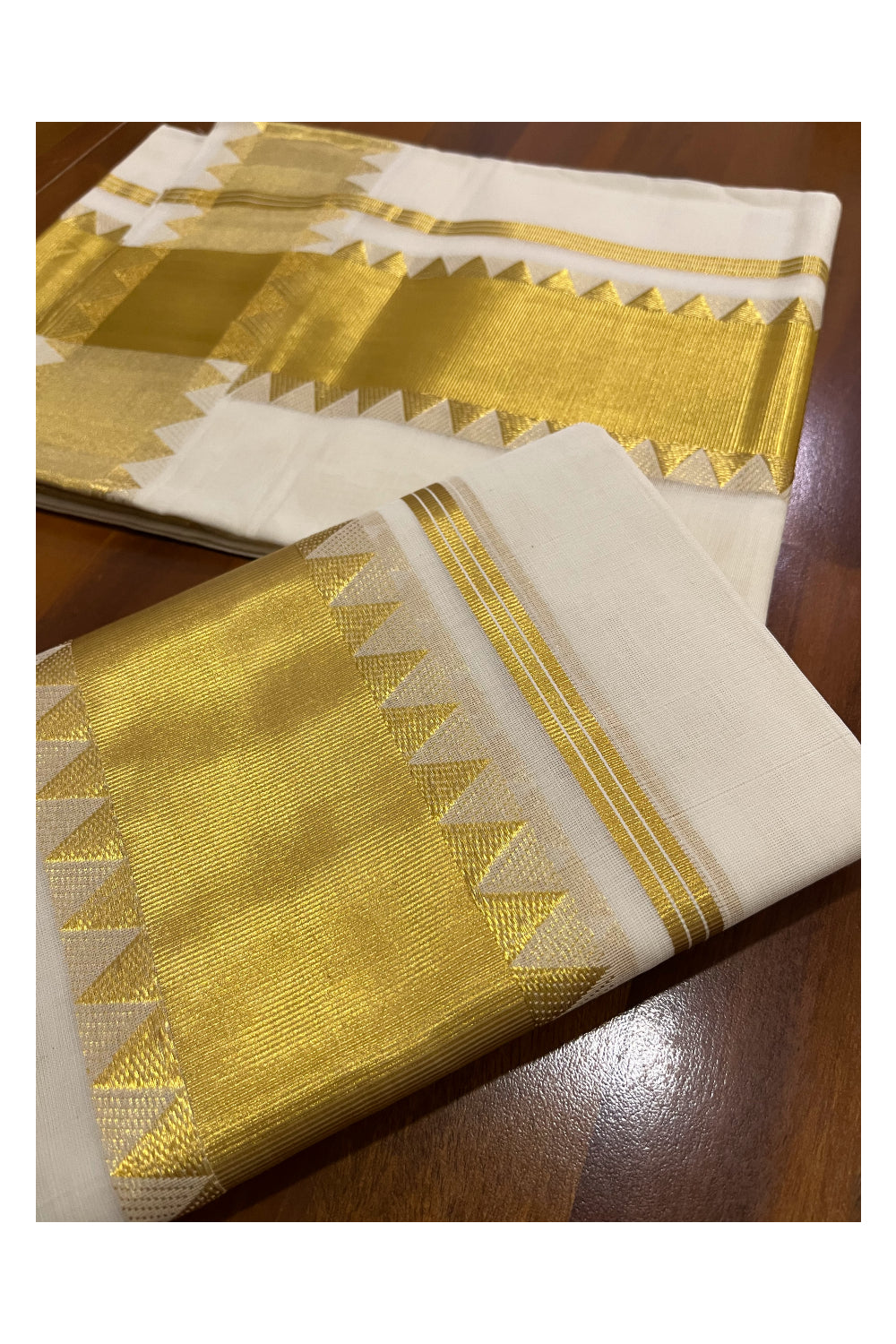 Southloom Handloom Premium Single Wedding Set Mundu (Mundum Neriyathum) with Kasavu Woven Temple Border