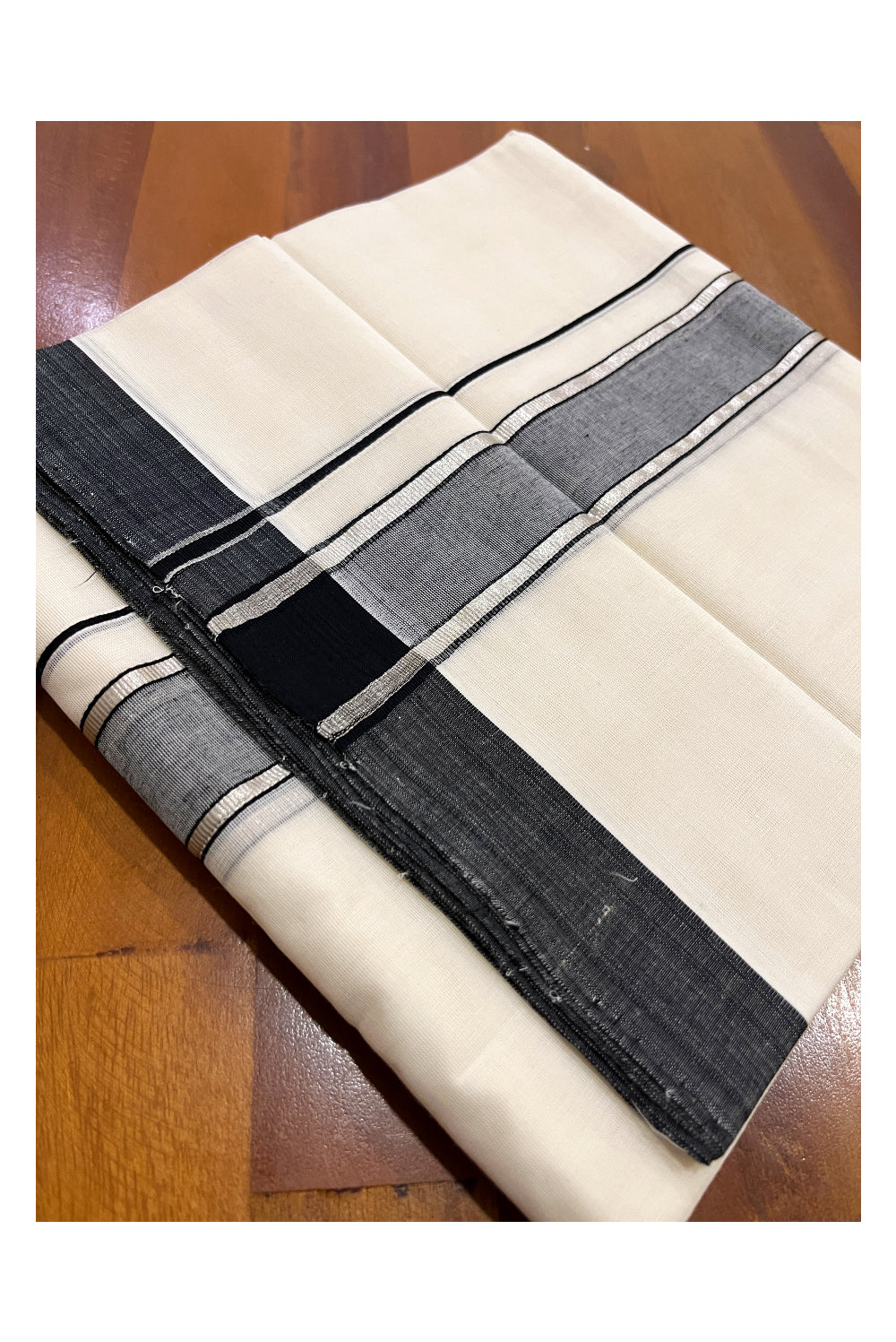 Southloom Premium Handloom Pure Cotton Mundu with Silver Kasavu and Black Border (South Indian Kerala Dhoti)