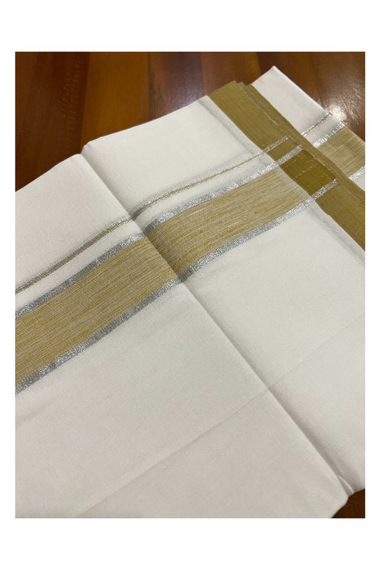 Pure White Kerala Cotton Double Mundu with Silver Kasavu and Olive Green Border (South Indian Dhoti)