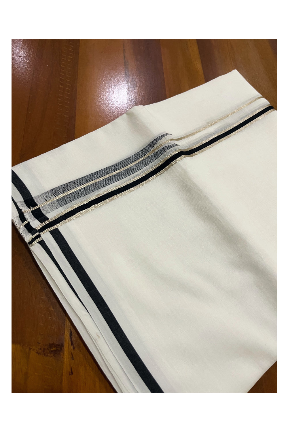 Pure White Cotton Double Mundu with Silver Kasavu and Black Chutti Border (South Indian Dhoti)