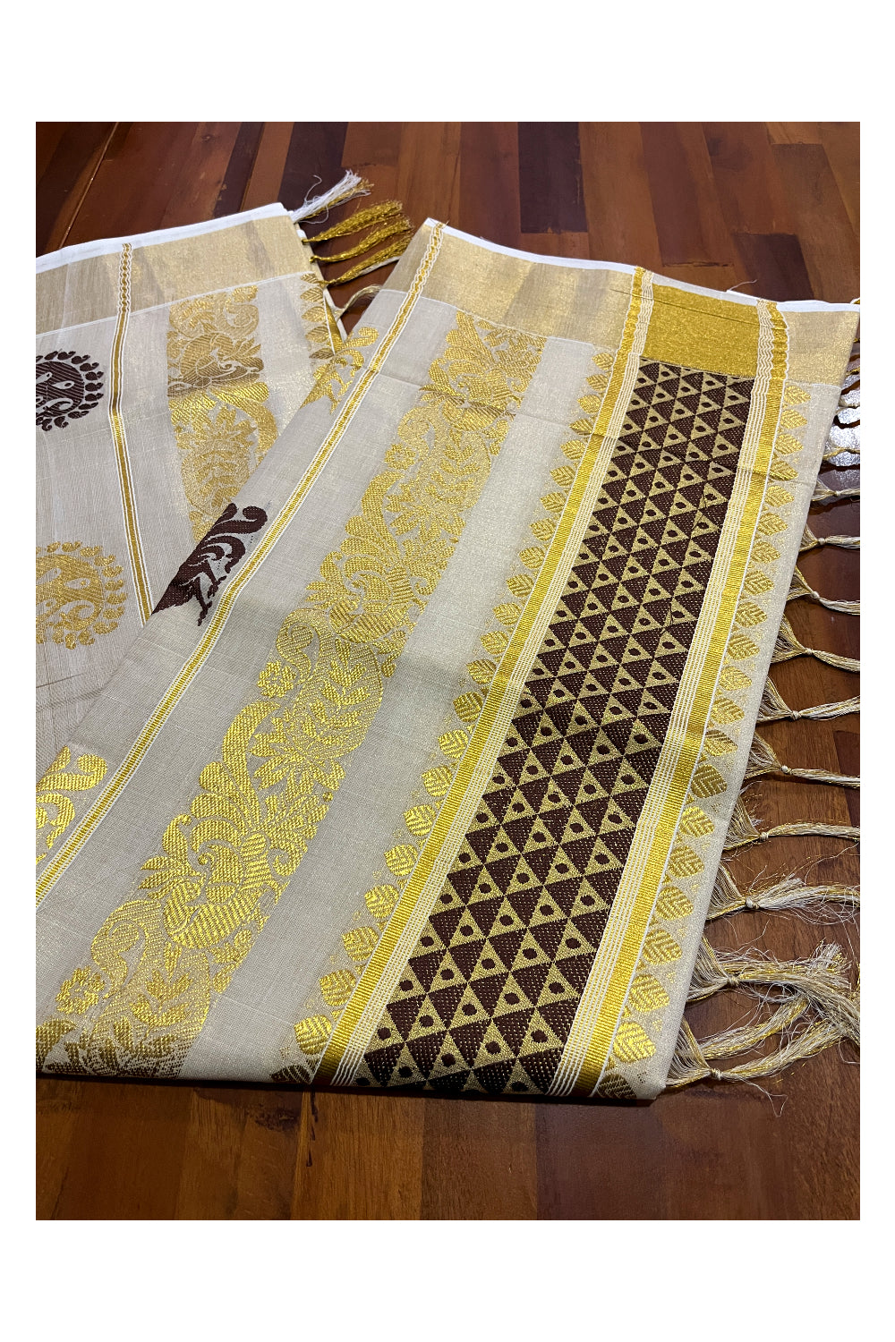 Kerala Tissue Kasavu and Brown Peacock Heavy Woven Saree with Tassels Works (Vishu Saree 2023)