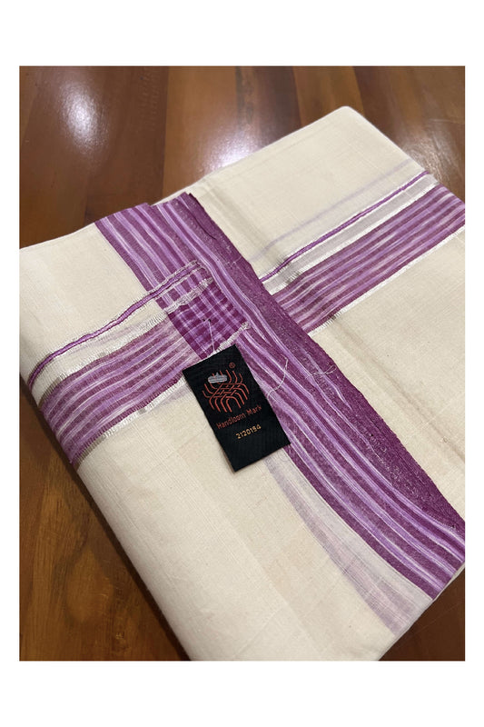 Southloom Balaramapuram Pure Cotton Handloom Mundu with Silver Kasavu and Magenta Lines Border