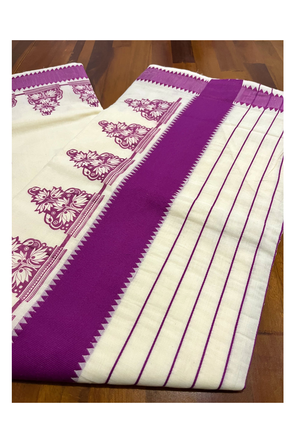 Pure Cotton Kerala Saree with Magenta Floral Block Printed Border