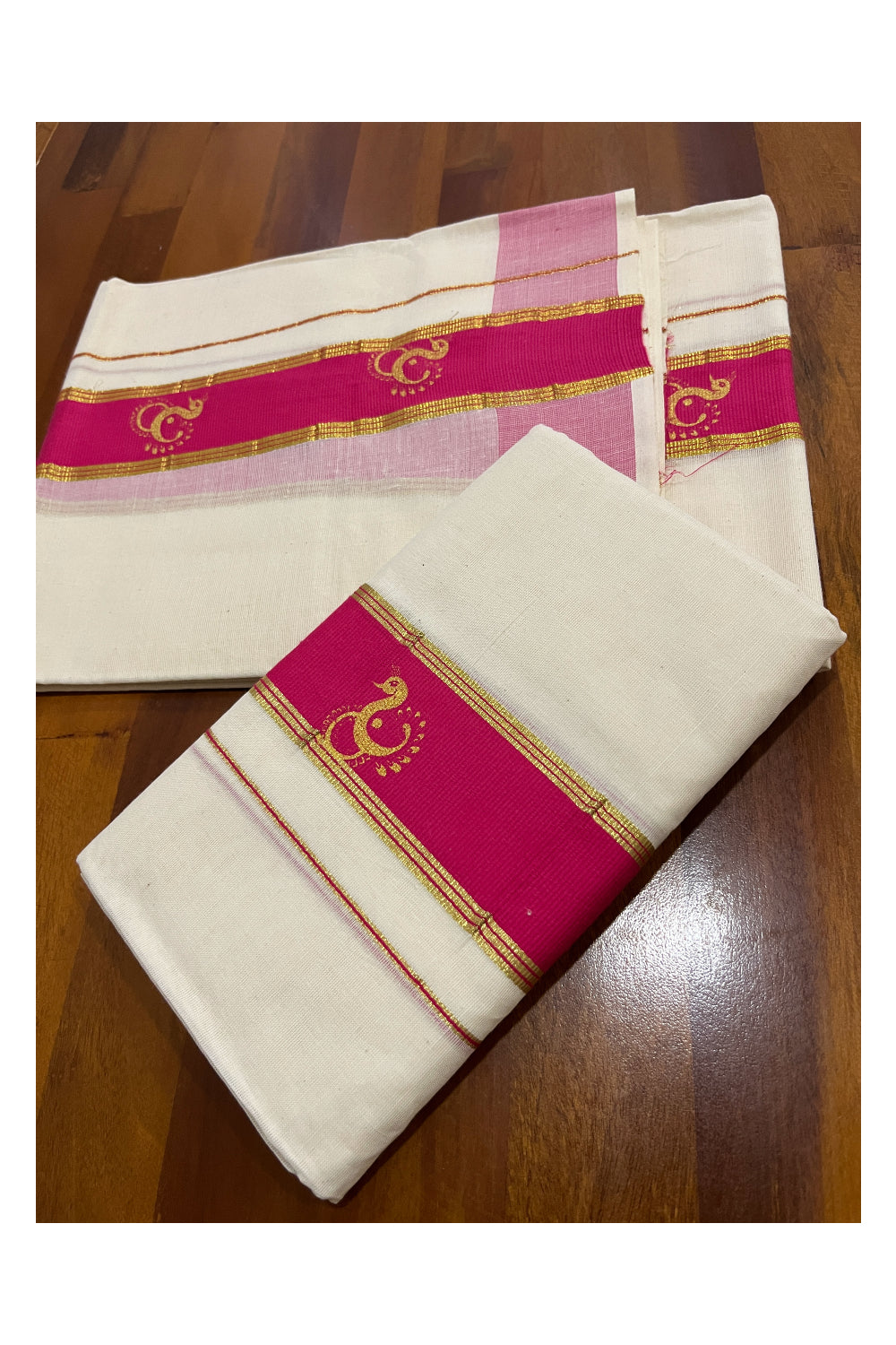 Pure Cotton Kasavu Single Set Mundu (Mundum Neriyathum ) with Golden Block Prints on Pink Border